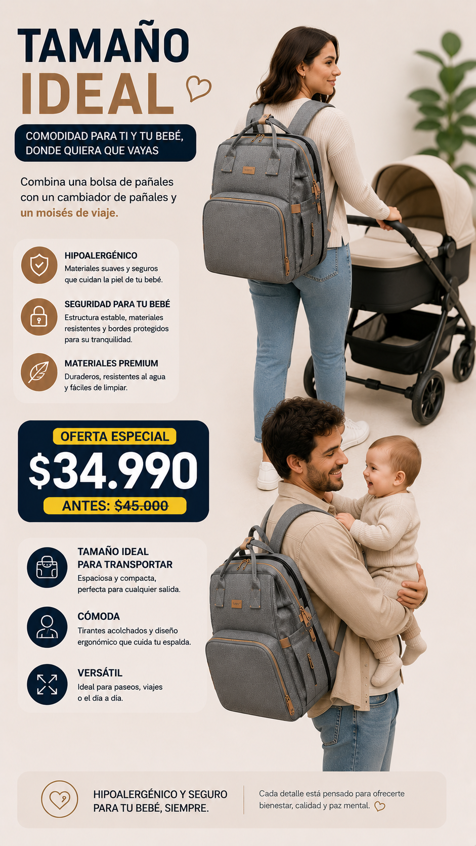 Mochila Multifuncional | 3 En 1 Pañalera, Cuna y Mudador carga USB | Color Gris