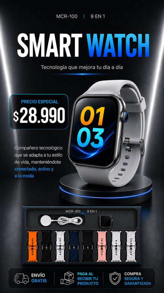 Reloj Inteligente 9 en 1 Incluye 8 Correas Adicionales