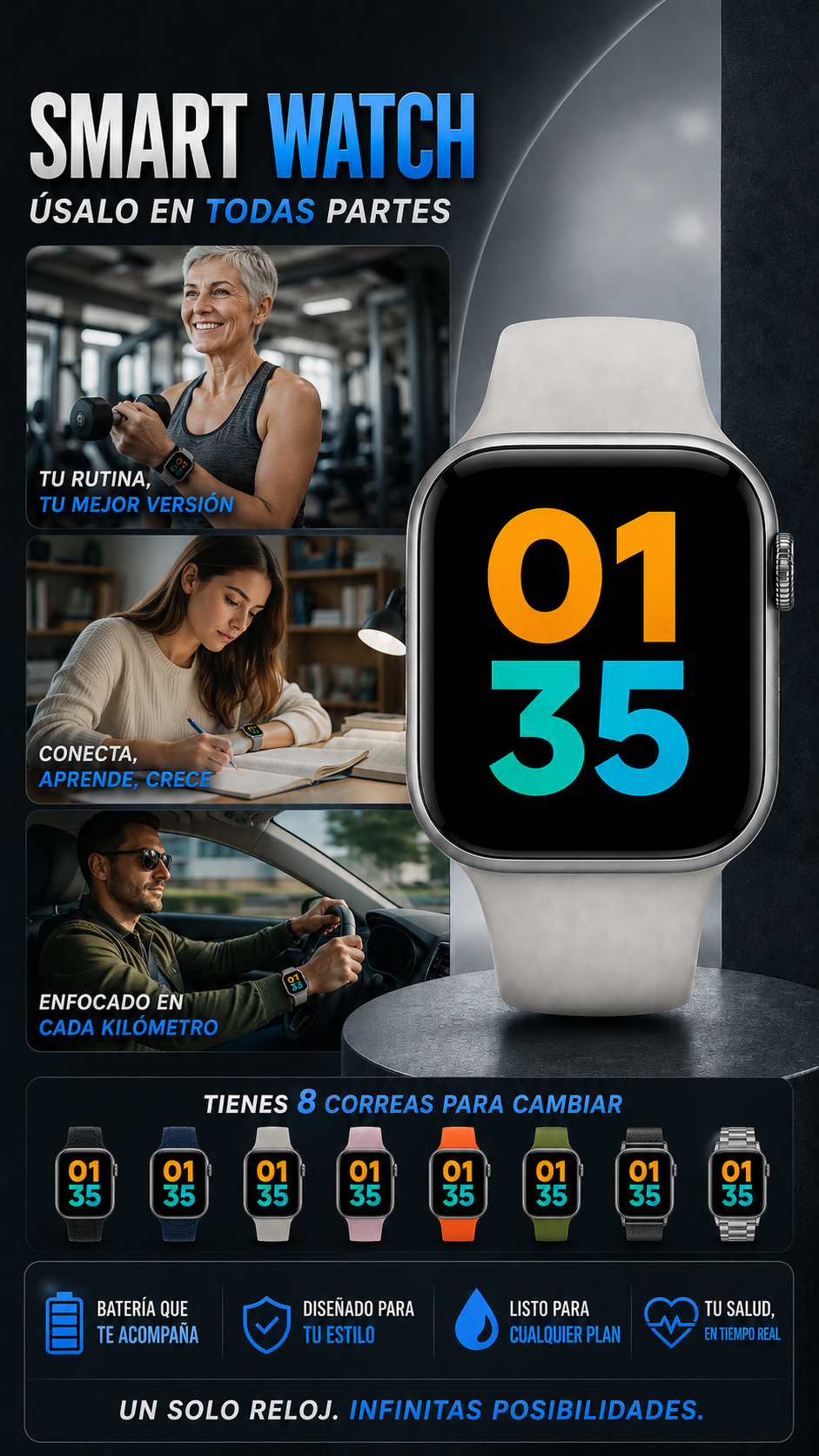 Reloj Inteligente  Incluye 8 Correas Adicionales