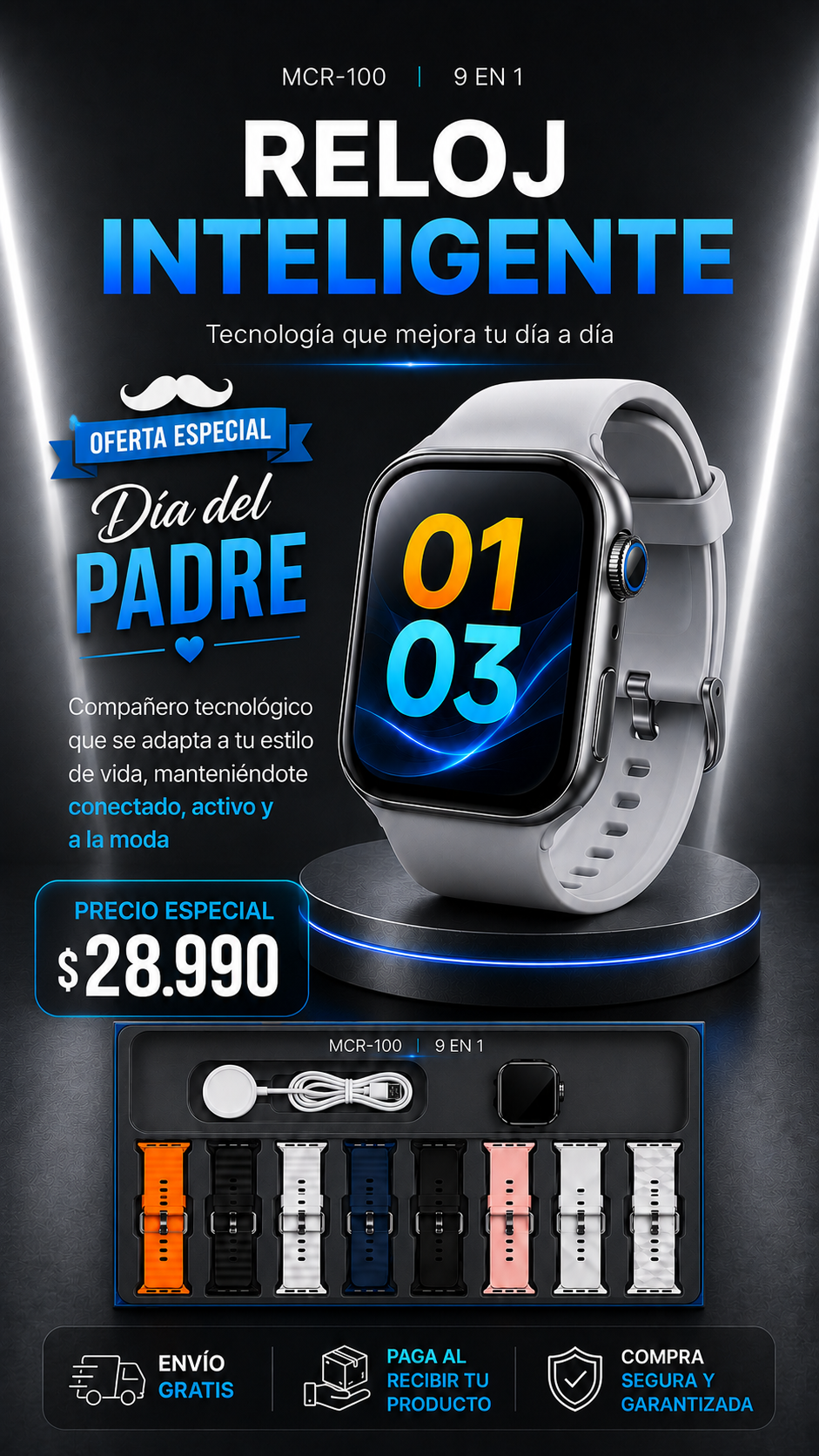 Reloj Inteligente 9 en 1 Incluye 8 Correas Adicionales