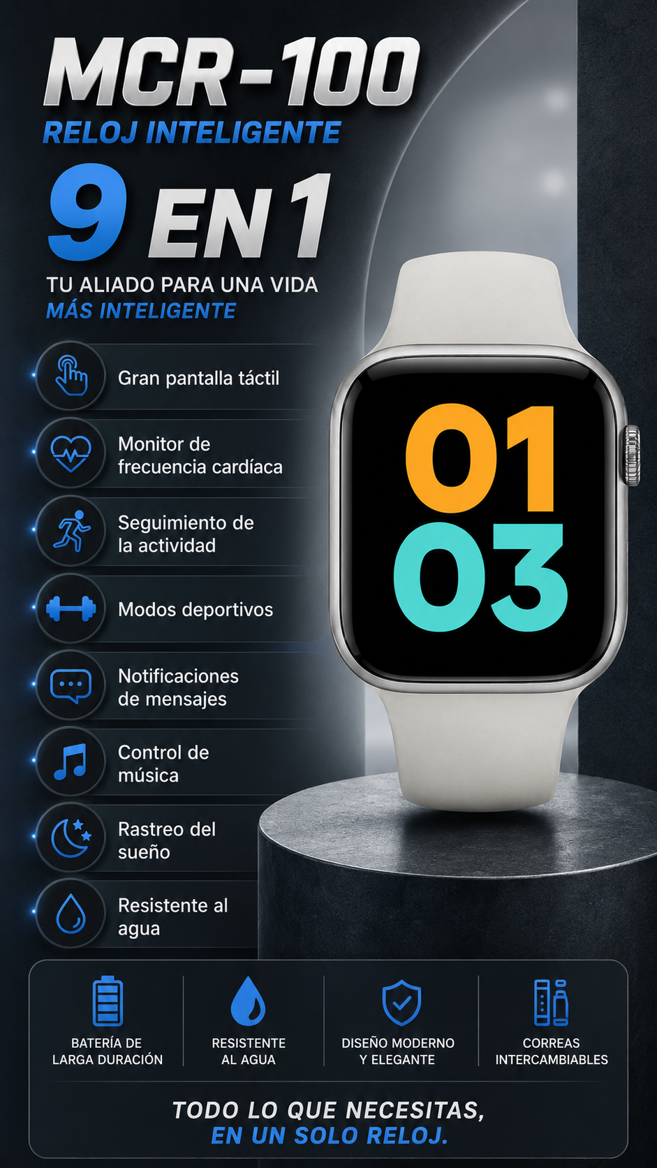 Reloj Inteligente 9 en 1 Incluye 8 Correas Adicionales
