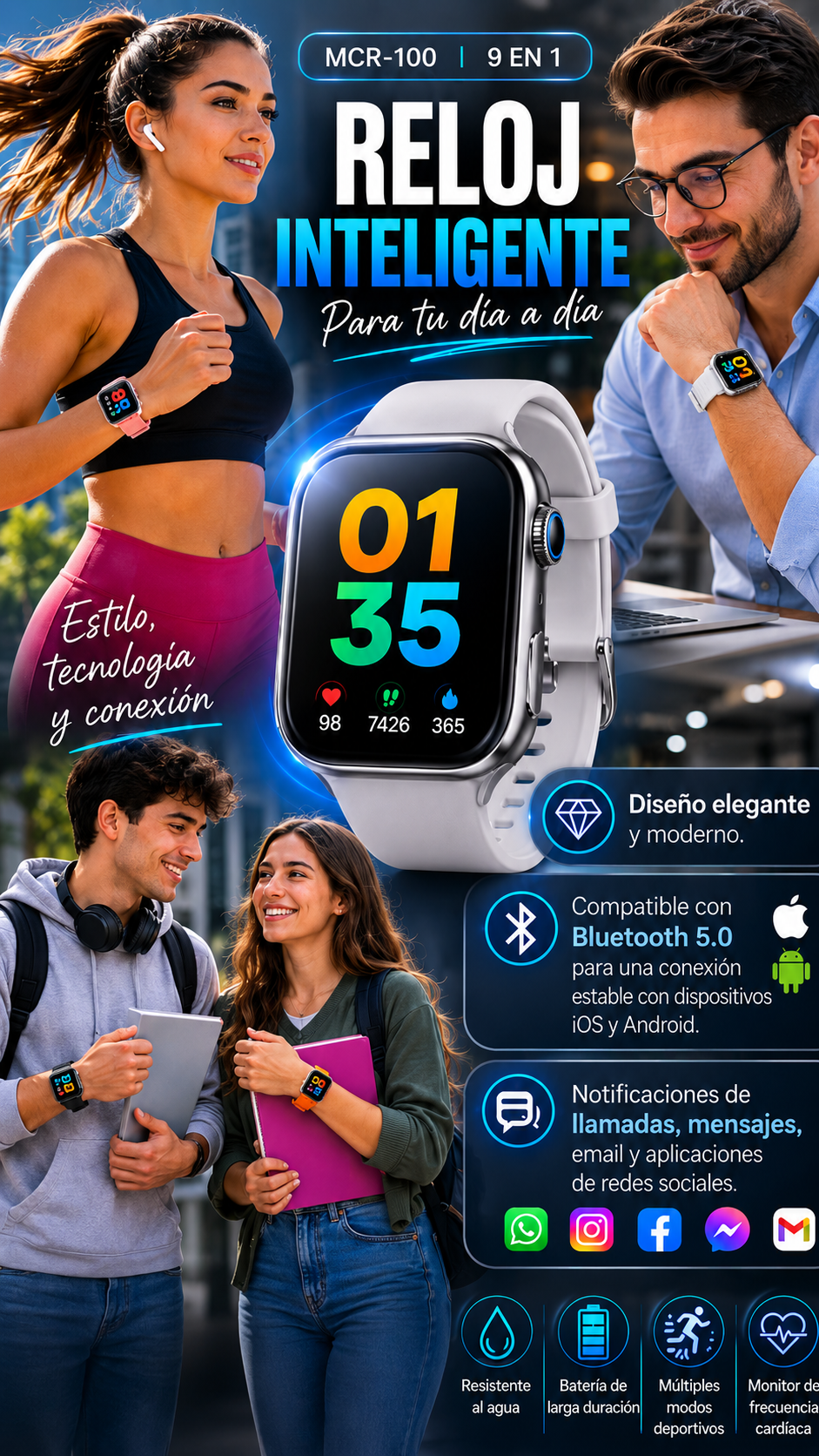 Reloj Inteligente 9 en 1 Incluye 8 Correas Adicionales