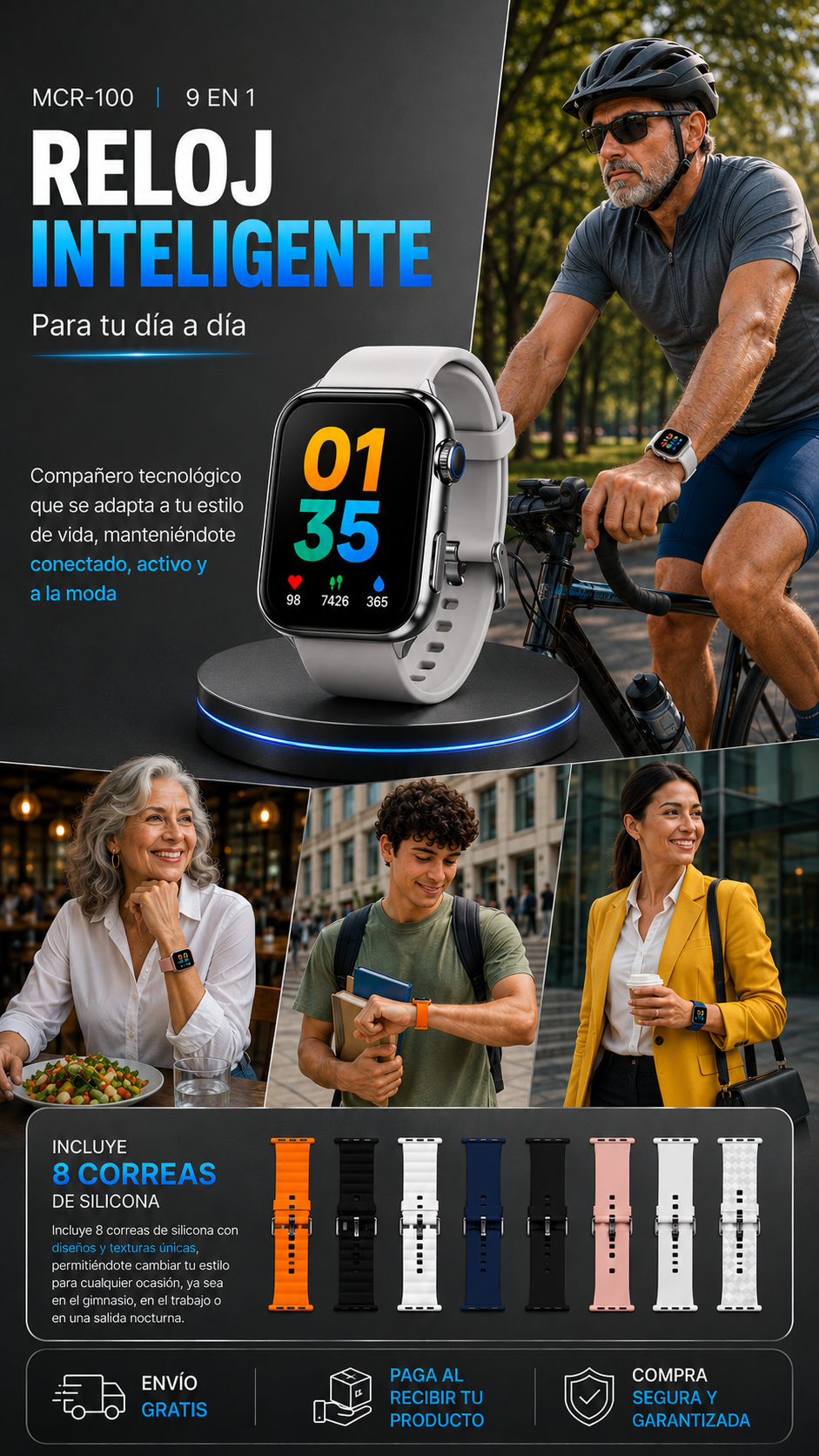 Reloj Inteligente 9 en 1 Incluye 8 Correas Adicionales